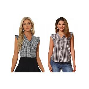 2 упаковки блузки с рюшами для женщин v-образным вырезом и коротким рукавом в клетку Inspire Chic, Black Brown