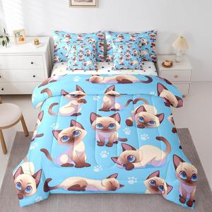 Erosebridal Детский комплект постельного белья Cartoon Cat с милыми котятами, голубой расцветки, Blue White