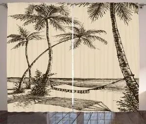Штора ABAKUHAUS Тропический деревенский, Гамак на песчаном пляже, универсальная ленточная штора для гостиной с петлями и крючками, 280 x 245 см, кремово-темно-коричневый цвет