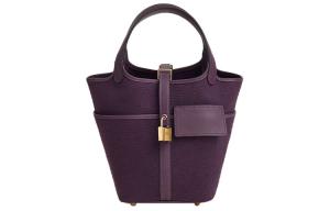 Пикотин из холста с кожей теленка свифт корзина сумка ведро 18 Женская виноградная фиолетовая/черносмородиновая фиолетовая HERMES