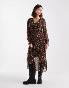 Платье миди New Look из шифона с V-образным вырезом и коричневым цветочным принтом