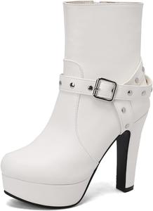 Женские ботильоны на толстом каблуке с круглым носком и молнией Renessmi, White 3