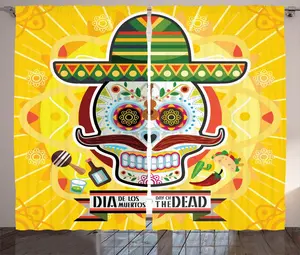 ABAKUHAUS Яркая штора в деревенском стиле, Мексиканский сахарный череп, Универсальные ленточные шторы для гостиной с петлями и крючками, 280 x 225 см, желтый Abakuhaus