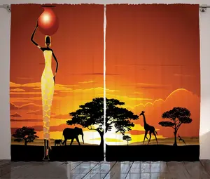 Штора ABAKUHAUS Слон в деревенском стиле, с изображением женщины, универсальная ленточная штора для гостиной с петлями и крючками, 280 x 225 см, цвет: жженый оранжево-черный Abakuhaus