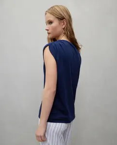 Женская футболка с V-образным вырезом и сборками из льна Easy Wear, темно-синий