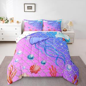 Erosebridal Комплект постельного белья Jellyfish с морскими животными и блестками в стиле русалочьей чешуи для девочек, кавай декор комнаты, морская жизнь с мультяшными жемчужинами и ракушками, Purple Blue