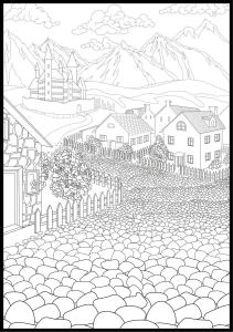 Раскраска, постер, живопись, графика горная деревня, формат 50х70 см. Inna marka