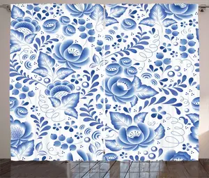 Винтажная синяя штора в деревенском стиле ABAKUHAUS, узор Фарфор, универсальная ленточная штора для гостиной с петлями и крючками, 280 x 245 см, кобальтово-синий с белым Abakuhaus