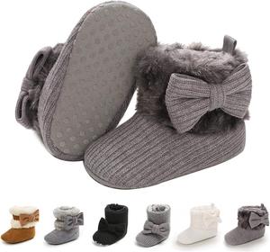 Ботинки для новорожденных мальчиков и девочек E-FAK, зимние снежные с бантиком, с мягкой подошвой, противоскользящие, теплые, для малышей и начинающих ходить, 02 Light Grey