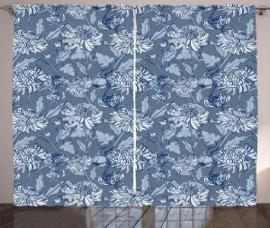 Штора ABAKUHAUS в деревенском стиле с цветочным рисунком, набросок хризантем, для спальни, присборенная, с петлями и крючками, 280 x 225 см, цвет: синий, серый, сланцево-голубой Abakuhaus