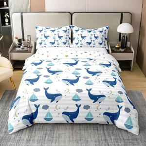 Erosebridal Комплект постельного белья Whale из 100% хлопка с морским принтом для детей, Blue White