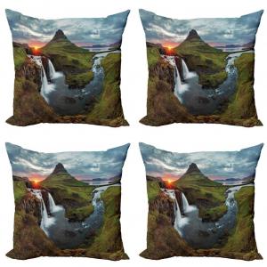 Комплект чехлов для подушек ABAKUHAUS Landscape (4 предмета), Cascade Stream Wildlife, современная двусторонняя цифровая печать, 60 x 60 см, многоцветный