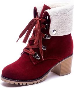 Женские ботильоны VOKLIN с кружевной шнуровкой, круглым носком и манжетой, на грубом среднем каблуке с меховой отделкой, короткие нарядные ботинки, Red