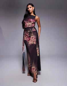 Платье макси ASOS DESIGN с сетчатым принтом, без рукавов, открытой спиной и поясом, с цветочным принтом