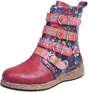 Женские ковбойские ботинки ZBYY с боковой молнией, винтажные, повседневные, элегантные, с принтом и металлической пряжкой, низкий каблук, западные ботильоны, 6 Red