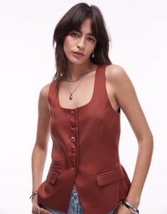 Удлиненный жилет Topshop премиум-класса для гостей на свадьбу с круглым вырезом коричневого цвета