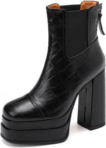 Женские ботильоны TinaCus на платформе с квадратным носком, выполненные вручную из натуральной кожи и эластичной ткани, на высоком каблуке с молнией, Black