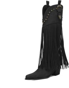 Generic Женские западные ковбойские сапоги до колена с бахромой - широкий голенище, черная кожаная обувь с заклепками, заостренный носок, массивный каблук, боковая молния, декоративная пряжка, идеально для осени