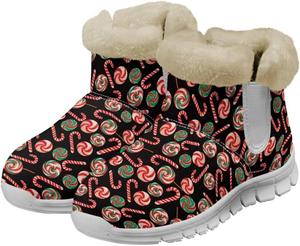 Женские зимние сапоги JoyLamoria с дизайном, утепленные плюшевой подкладкой, с забавным принтом мопса, легкие ботильоны на плоской подошве для холодной погоды, Christmas Candy Cane