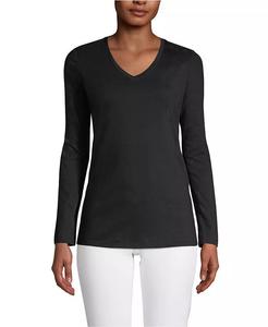 Женская свободная футболка из хлопка Supima с длинным рукавом и V-образным вырезом Lands' End, черный