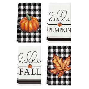 Полотенце кухонные Sm:)e Pumpkin Maple Leaf Hello Buffalo Plaid Fall, черный / белый