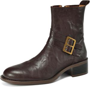 Женские ботильоны TinaCus с круглым носком, ручной работы, с застежкой-молнией и пряжками, на низком массивном каблуке, из натуральной кожи, повседневные, Brown