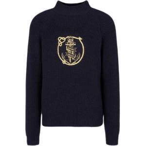 Свитер из смесовой вирджинской шерсти с высоким воротником и вышивкой якоря с логотипом EMPORIO ARMANI, морской синий