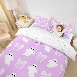 Erosebridal Комплект постельного белья Happy Halloween с принтом привидений и бантиками, фиолетовый, для детей, Purple White