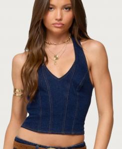 Женский джинсовый топ-халтер Jemima с контрастной строчкой Edikted, Dark-blue-washed