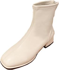 Женские ботинки на толстом каблуке осенние короткие ботинки простые модные сзади на молнии MATERUIEYES, White