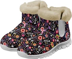 Женские зимние ботинки с теплой меховой подкладкой, пушистые ботинки на меху, ботинки с черепом, ботинки до щиколотки, противоскользящие, удобные, с плоской подошвой, короткие Qoiuvncy, Florals Skeleton