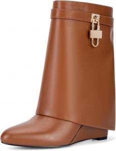 Женские широкие сапоги средней длины на платформе и клиновидном каблуке, с круглым носком, из искусственной кожи, на молнии, короткие ботильоны с замком CORNMOOD, Short Brown