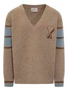 Полосатый свитер с логотипом AMI Paris, коричневый