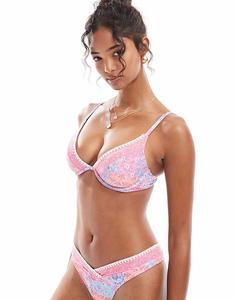 Купальник-бикини Swimwear с глубоким вырезом и косточками, розовый, пэчворк Hollister