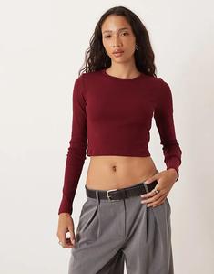 Лонгслив с длинными рукавами JJXX Feline в рубчик бордового цвета