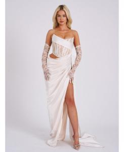 Женское платье Callie Pearl из белого кружева и атласа с корсетом и высоким разрезом Miss Circle, White