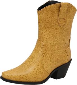 Женские ботильоны вестерн-ковбой с цветочным принтом, с широким каблуком, из искусственной кожи, повседневные ботинки на молнии, байкерские тапочки Kldyj, Yellow