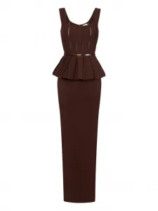 Вязаное макси-платье с поясом Elisabetta Franchi, коричневый