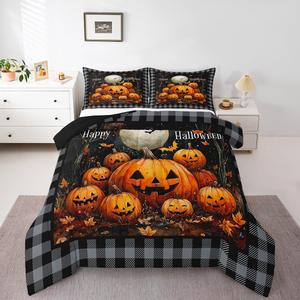 Erosebridal Комплект постельного белья Happy Halloween с принтом тыкв, фонарей, готических призраков и летучих мышей в серой клетке, Orange Black Grey