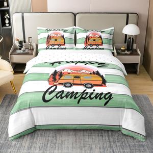 Erosebridal Комплект постельного белья Happy Camping из 100% хлопка с принтом в виде деревянных досок и мультяшными рисунками в зелёных тонах, Green White Orange