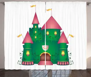 Штора ABAKUHAUS "Рустикальный замок", красочный мультяшный персонаж "Крепость", универсальная тесьма для гостиной с петлями и крючками, 280 x 225 см, белый, зеленый, розовый Abakuhaus