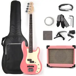 Unbranded Электрическая бас-гитара 4/четыре струны полного размера с батарейным усилителем 10 Вт, набор для начинающих для правшей, комплект с аксессуарами: чехол для гитары, медиаторы, каподастр, бесшумный кабель, струны (розовый)