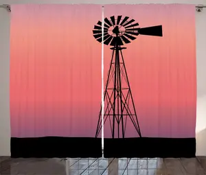 Штора ABAKUHAUS Ветряная мельница в деревенском стиле, Мечтательный закат в западном стиле, универсальная ленточная штора для гостиной с петлями и крючками, 280 x 225 см, черный, кораллово-красный и фиолетовый Abakuhaus