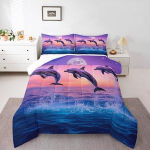 Erosebridal Комплект постельного белья Dolphin Down Comforter 3D с принтом дельфинов, морские животные, пурпурное звездное небо с луной, морской пейзаж, Blue Purple