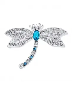 Брошь-Булавка «Стрекоза» с синим фианитовым сапфиром и мотивом насекомого из родиевой латуни Bling Jewelry, blue