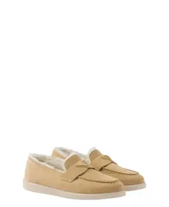 Женские лоферы из замши и овчины Prada, бежевый