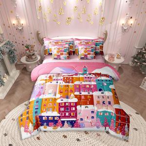 Erosebridal Комплект постельного белья Christmas Bed in a Bag King с комфортером, детский дизайн с рождественскими домиками и снегом, дышащий и легкий, Pink Blue Orange
