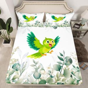 Erosebridal Детский комплект постельного белья с мультяшными животными Kawaii Bird зеленый белый ботанический, Dark Sea Green White