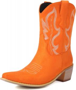 Женские ковбойские сапоги Alsoloveu Western из замши, ботильоны в ковбойском стиле с вышивкой, модные с закругленным носком и массивным каблуком, Orange
