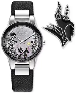 Женские часы Eco-Drive Disney Villains Maleficent's Charm с черным кожаным ремешком, 30 мм, в подарочной упаковке Citizen